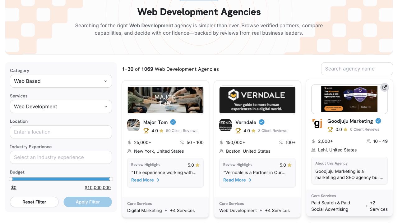 Desktop agency discovery interface with service, location, industry and budget filters alongside agency result cards.