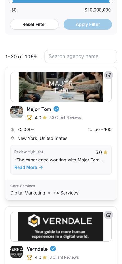 Mobile agency discovery interface with agency-name search and vertically stacked result cards.